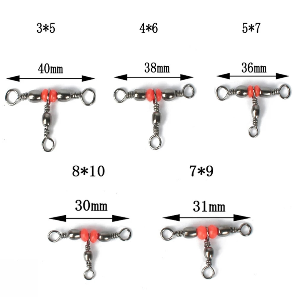 10pcs T-shape Cross-Line Connector 3-Way Rolling Swivels Hook Connector Red beads Fishing Lure Trigeminal Swivel Fishing Tackle