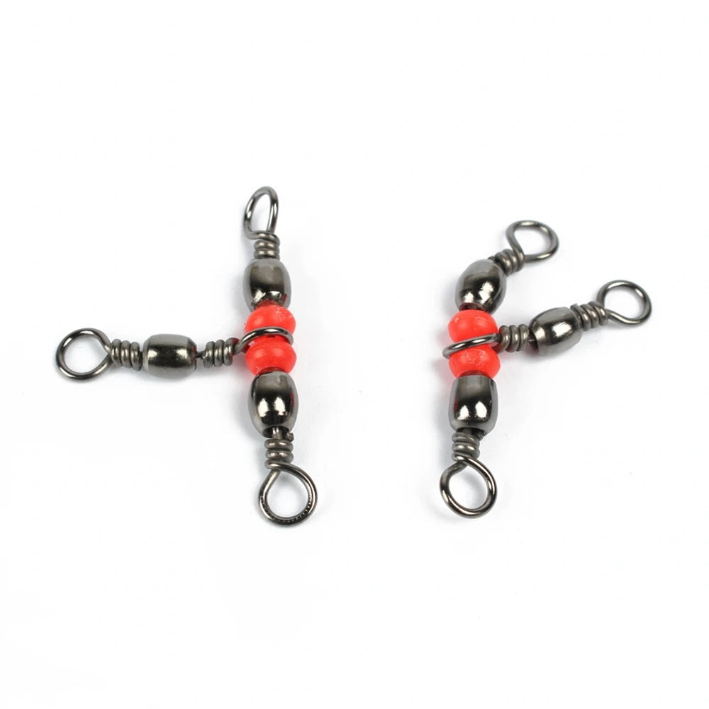 10pcs T-shape Cross-Line Connector 3-Way Rolling Swivels Hook Connector Red beads Fishing Lure Trigeminal Swivel Fishing Tackle