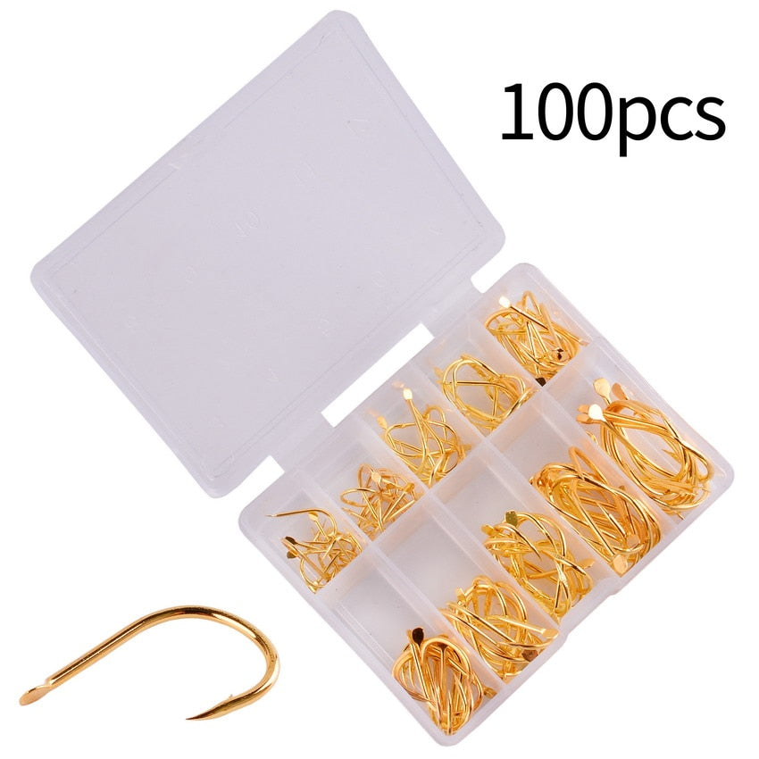 100pcs  Fishing Hook Set Size 3-12 Carbon Steel Fishhook Fly Fishing Jip Barbed Carp Hooks Sea Pesca Fish Tackle Box Accessories