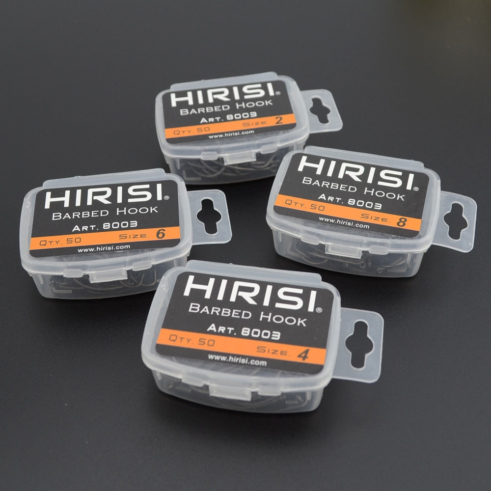 Hirisi 50pcs Coating High Carbon Stainless Steel Barbed Carp Fishing Hooks Pack with Retail Original Box 8003