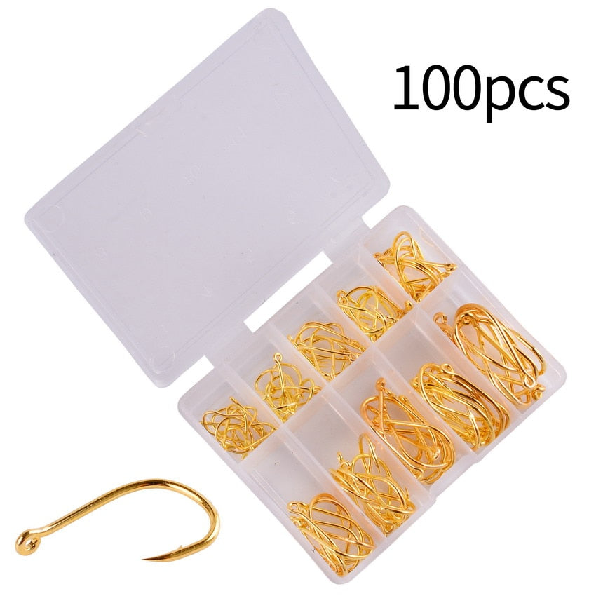 100pcs  Fishing Hook Set Size 3-12 Carbon Steel Fishhook Fly Fishing Jip Barbed Carp Hooks Sea Pesca Fish Tackle Box Accessories