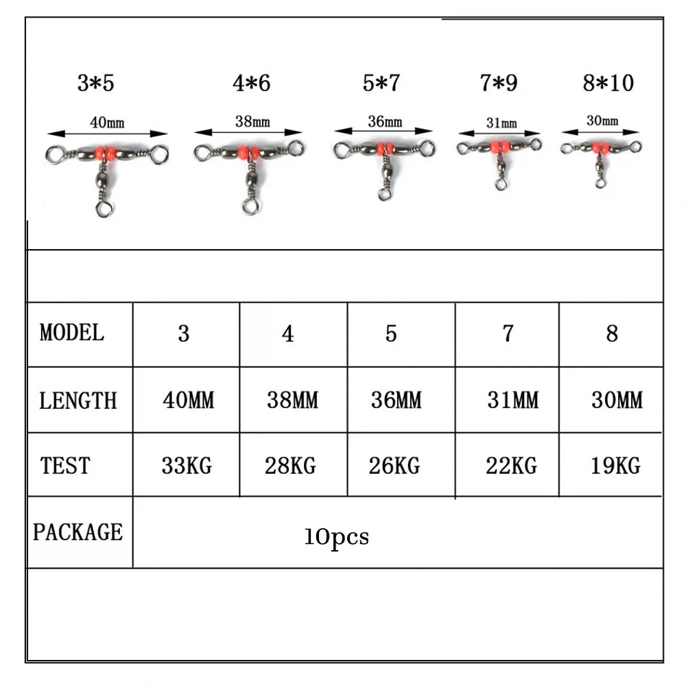 10pcs T-shape Cross-Line Connector 3-Way Rolling Swivels Hook Connector Red beads Fishing Lure Trigeminal Swivel Fishing Tackle