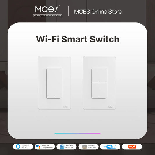 MOES Tuya Wi-Fi Smart Light Switch US Single Pole Push Button Wall Switch Work With Alexa Google Home Neutral Wire Required