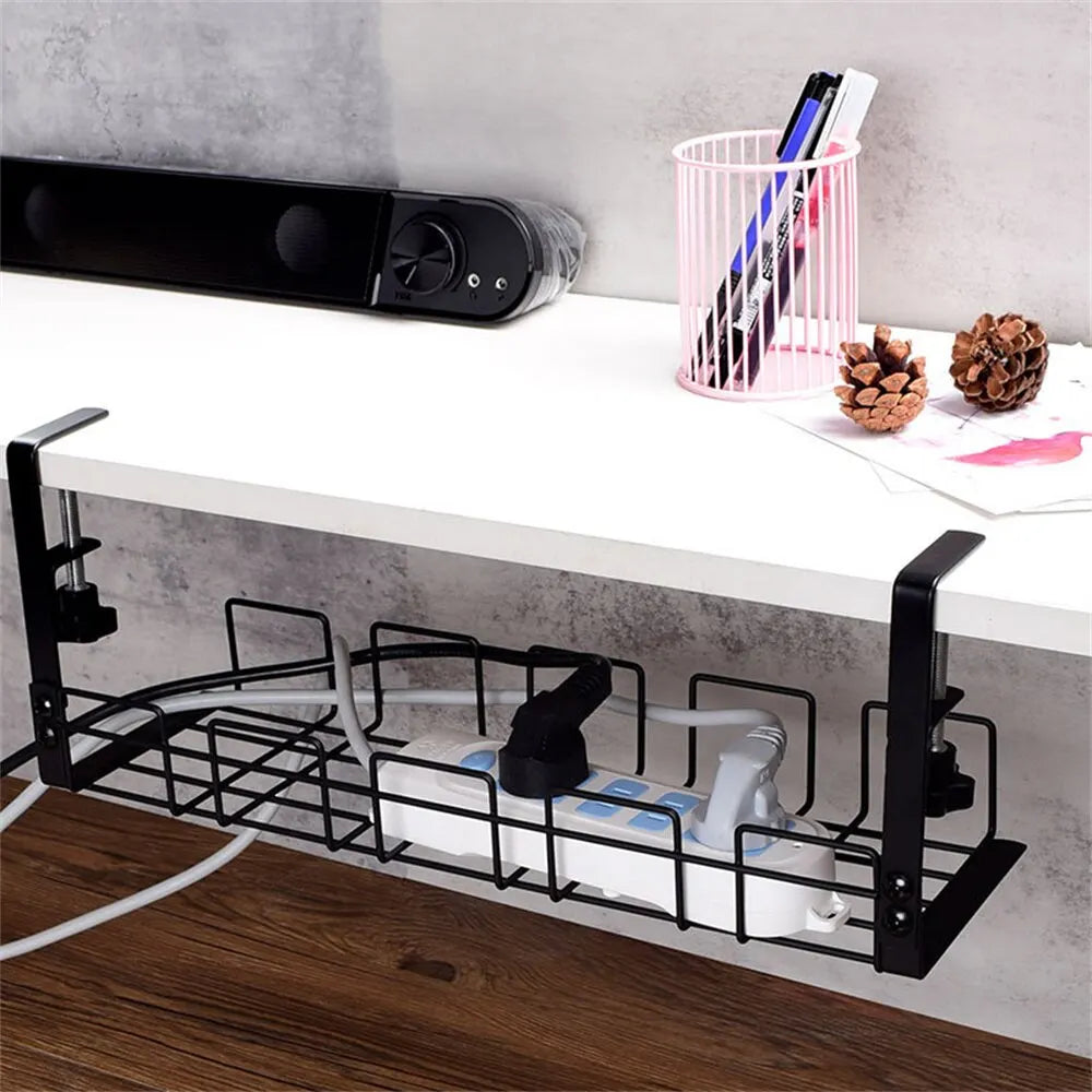 Under Table Storage Rack Metal Cable Management Tray Home Office Desk Wire Organizer No Punching Kitchen Storage Accessories