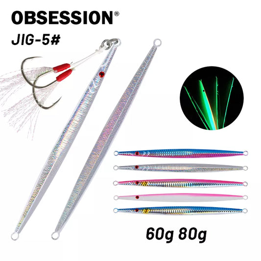 OBSESSION 60g 80g Fishing Lure Needle Fish Fast Jigging Lure Glow Metal Jigs Sinking Hard Bait Saltwater Pencil Bait Assist Hook