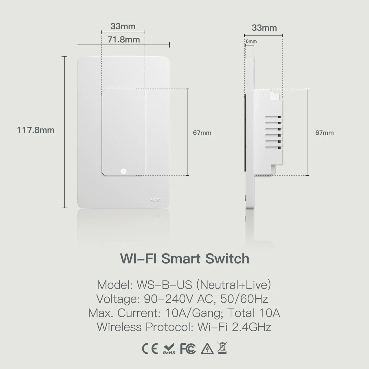 MOES Tuya Wi-Fi Smart Light Switch US Single Pole Push Button Wall Switch Work With Alexa Google Home Neutral Wire Required