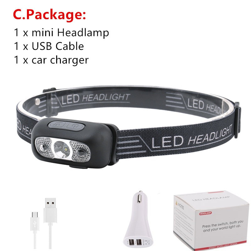 Mini Rechargeable LED Headlamp Body Motion Sensor Headlight Camping Flashlight Head Light Torch Lamp With USB