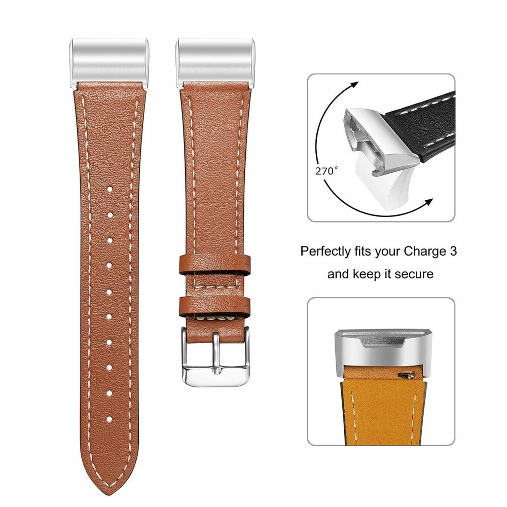 Replacement Fitbit Charge 3 Bands Leather Straps Band Interchangeable Smart Fitness Watch Bands With Stainless Frame for Charge3